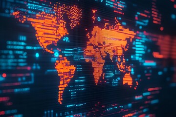 World map formed of glowing orange dots on a blue and black digital background.