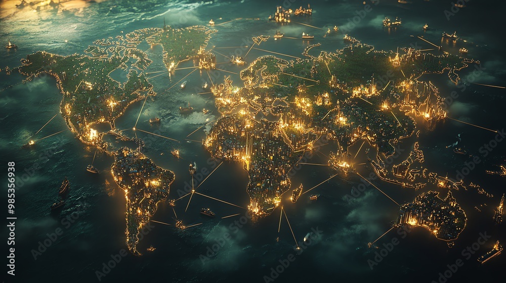 Poster world map with glowing lines and cities.