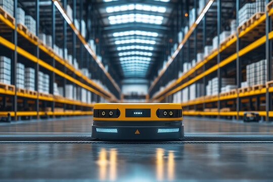 Yellow automated guided vehicle (AGV) in a warehouse with shelves in the background.