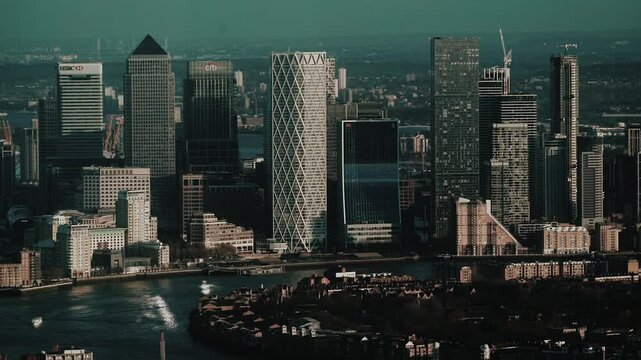 Canary Wharf Financial District Contemporary Skyscrapers Aerial View, Tower Hamlets Urban Skyline, River Thames, East London Riverside, England, United Kingdom