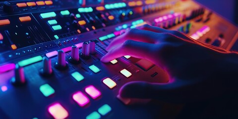 A person's hand is typing on the keyboard of an electronic music production console