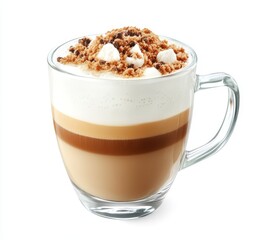 Close-up of a glass cup filled with layered coffee drink topped with crumbled cookies and marshmallows.
