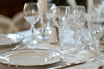 Empty wine glasses and plate on a white tablecloth.