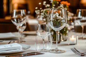 Elegant table setting with two wine glasses, a plate, a napkin, silverware, a candle and a vase of flowers.