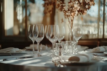 Fototapeta premium Empty wine glasses and silverware on a white tablecloth with a vase of dried flowers behind.