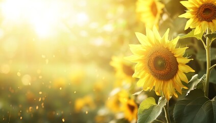 Obraz premium Close-up of a bright yellow sunflower with green leaves in a field with a blurred background and sun shining through.
