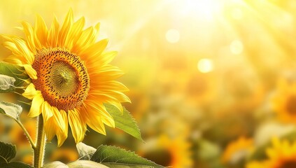 Closeup of a vibrant yellow sunflower with a blurred background of other sunflowers and a bright sunny sky.