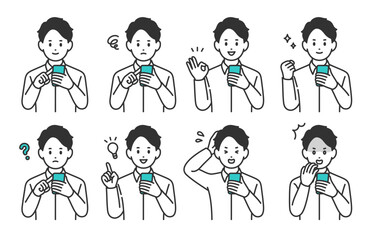 スマホを見ながらいろいろな表情･ポーズをする若い男性のセット【人物ベクターイラスト素材】