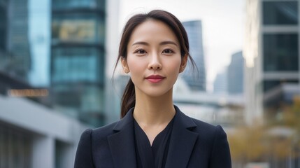 Fototapeta premium Portrait of a successful Asian woman in a business suit, standing in front of a modern urban office plaza.