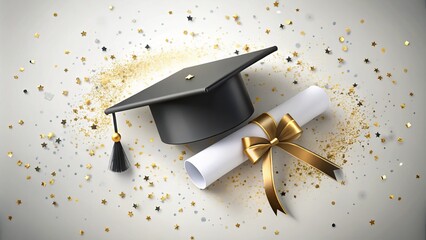 Elegant graduation invitation template with cap, diploma, and confetti on white background