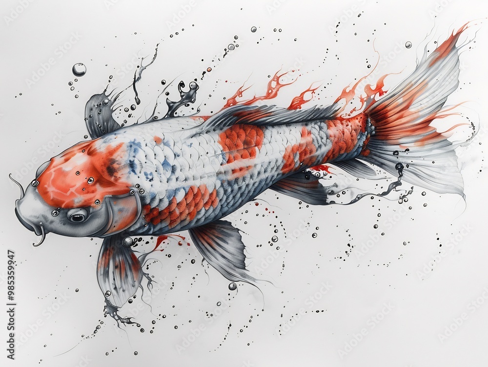 Wall mural Dynamic fish drawing of a koi swimming gracefully through water its scales shimmering and creating fluid patterns