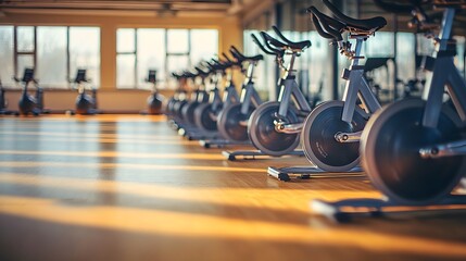 Row of stationary bikes in a spacious, brightly lit fitness studio