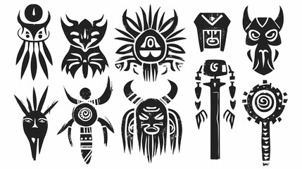 A black and white drawing of various tribal symbols. Tribal Art. Illustration