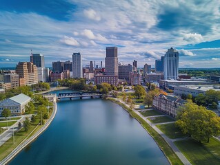 Naklejka premium Rochester cityscape with river, bridge, modern skyscrapers. Aerial view of urban landscape with flow of water, reflecting city buildings. Cloudy sky above. City architecture, landmarks on display.