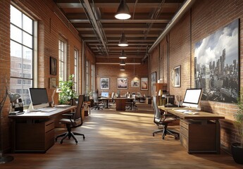 Modern office interior with exposed brick walls, wood floors, and large windows.