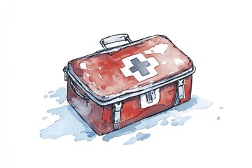 First aid kit illustration with a red cross symbol on the front, white isolated background.
