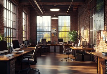 Modern office with brick walls, large windows, wooden floors, and two desks with computers and chairs.