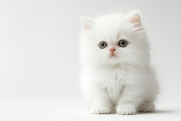 Fluffy white Persian kitten sitting on white background, isolate,