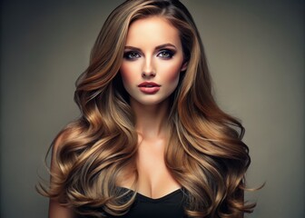 Fototapeta premium Elegant woman with long, layered hair frames oval face, softening angles and emphasizing gentle features with subtle