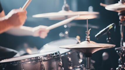 Fototapeta premium A close-up of a drummer's hands playing a drum kit, capturing the energy and motion of live music performance.