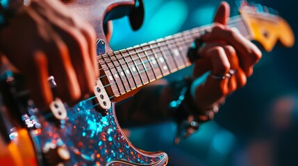 Fototapeta premium A close-up shot of a guitarist's hands skillfully playing an electric guitar under colorful stage lighting.