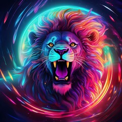 Neon lion roaring in a vortex