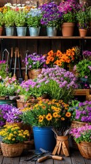 A vibrant display of colorful flowers in pots and baskets, showcasing nature's beauty in a charming garden scene.