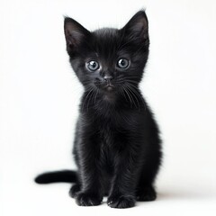 Cute black kitten sitting on white background, isolate,