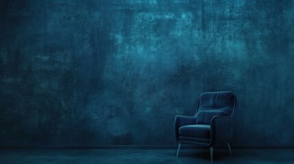 Dark blue armchair with blue concrete empty wall background AI generated image
