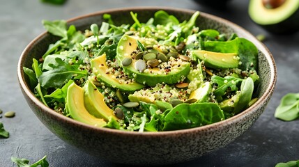 Leafy green salad with avocado, seeds, and quinoa in a bowl