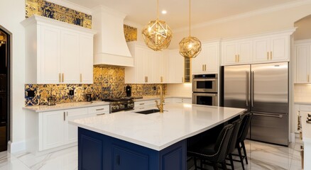 Fototapeta premium Modern kitchen with white cabinets, gold accents, and a blue island.