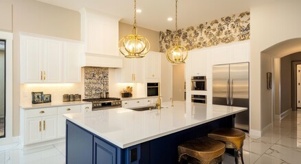 Fototapeta premium Modern kitchen with white cabinets, blue island, and gold accents.