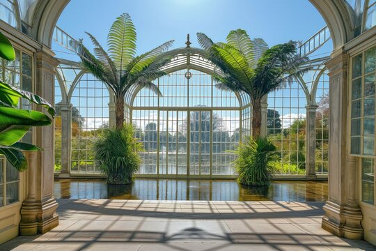 Palm House orangery in Royal Botanic Gardens Kew England on sunny day. Historic architecture building with stone exterior, beautiful garden view. Water fountain in foreground with rich greenery, blue