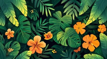 Fototapeta premium Tropical Leaves and Orange Flowers Background Pattern