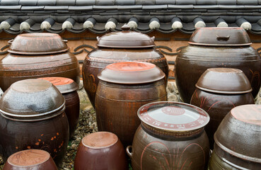 Jeonju-si, Jeollabuk-do, South Korea - October 15, 2013: Crocks(Jangdok) at Korean traditional roof top house of Jeonju Hanok Village