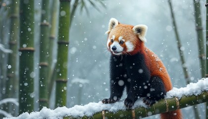 Fototapeta premium Cute Red Panda Sitting on a Branch in Snowy Bamboo Forest