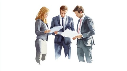 Fototapeta premium Business People Discussing Documents Watercolor Illustration
