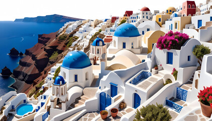 Obraz premium landscape greece imaginary town greek view land oia santorini santorini greece greek sea architecture oia europa travel blue town landscape church summer white sky tour tourism cyclade landmark view