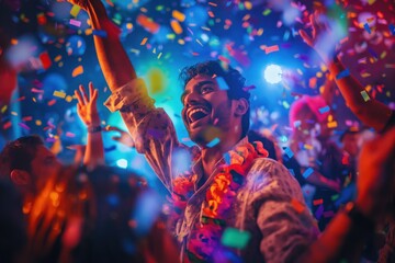 South Asian man dances in nightclub surrounded by young people celebrating, confetti, streamers creating vibrant atmosphere. Colorful lights brighten lively party scene.