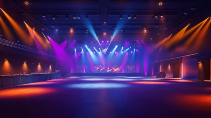 A spacious event venue illuminated by colorful lights, featuring a wide stage setup in a modern industrial setting.