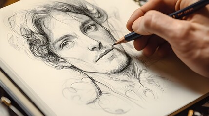 Close-up of Hand Drawing a Portrait with a Pencil.