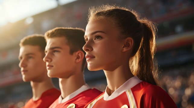 Three young athletes stand in unity, focused and poised, wearing red jerseys in a vibrant stadium setting, ready for competition.