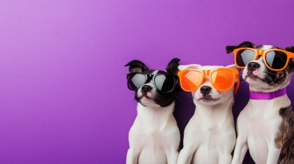 Cool puppies wearing bright, oversized sunglasses on a solid purple backdrop, perfect for creative advertisements with text space.