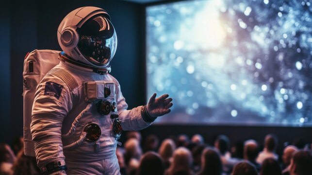 A futuristic scene featuring an astronaut gesturing in front of an audience, with a cosmic backdrop displayed on a large screen.