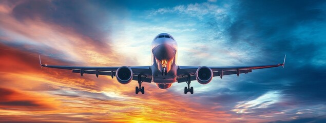 Airplane landing against a colorful sunset sky.