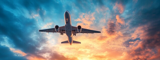 Airplane flying through colorful clouds during sunrise.