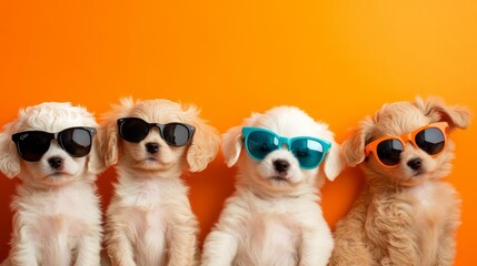 Obraz premium Group of cool puppies wearing funky sunglasses, isolated on a bright orange background, ideal for ads or editorial with copy space.