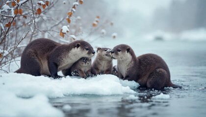 Fototapeta premium Three otters huddled together on snowy riverbank in winter. Family, cute, playful, wildlife, nature, mammal