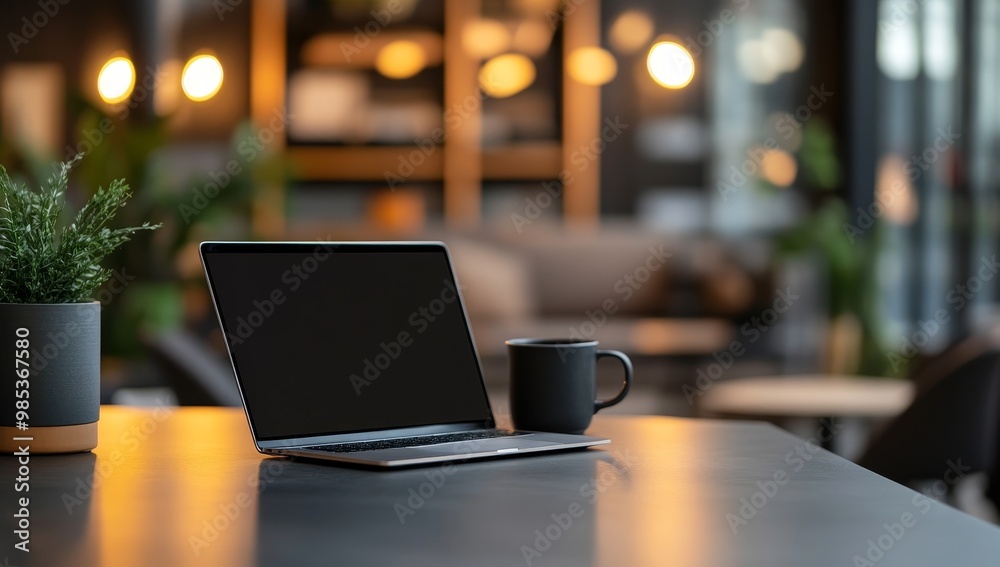 Poster laptop and coffee mug on a table in a cafe with a blurred background.