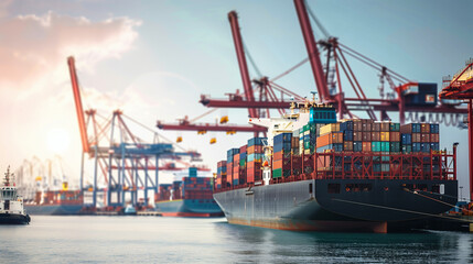Fototapeta premium Large cargo ship docked at empty port with stacked containers and idle cranes, symbolizing port strike and industrial tension